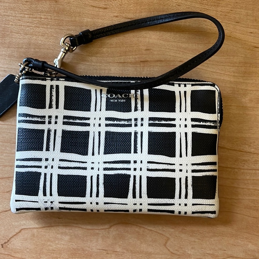 Super Rare Coach Bleecker black and white plaid corner wristlet.